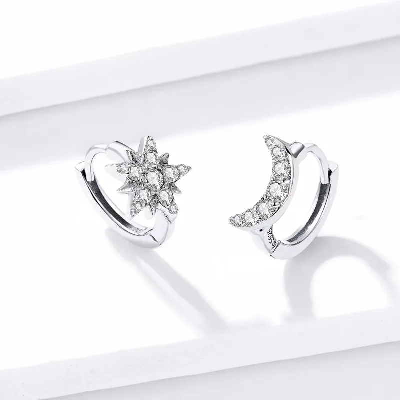 (image for) Pandora Style Silver Hoop Earrings, Moon & Star - BSE289 - View 4