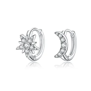 (image for) Pandora Style Silver Hoop Earrings, Moon & Star - BSE289