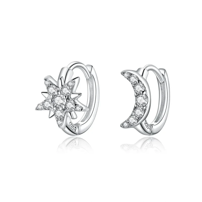 (image for) Pandora Style Silver Hoop Earrings, Moon & Star - BSE289 - Product Image