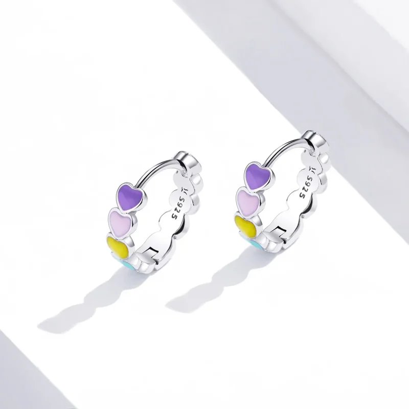 (image for) Pandora Style Silver Hoop Earrings, Rainbow Hearts, Multicolor Enamel - SCE909 - View 2