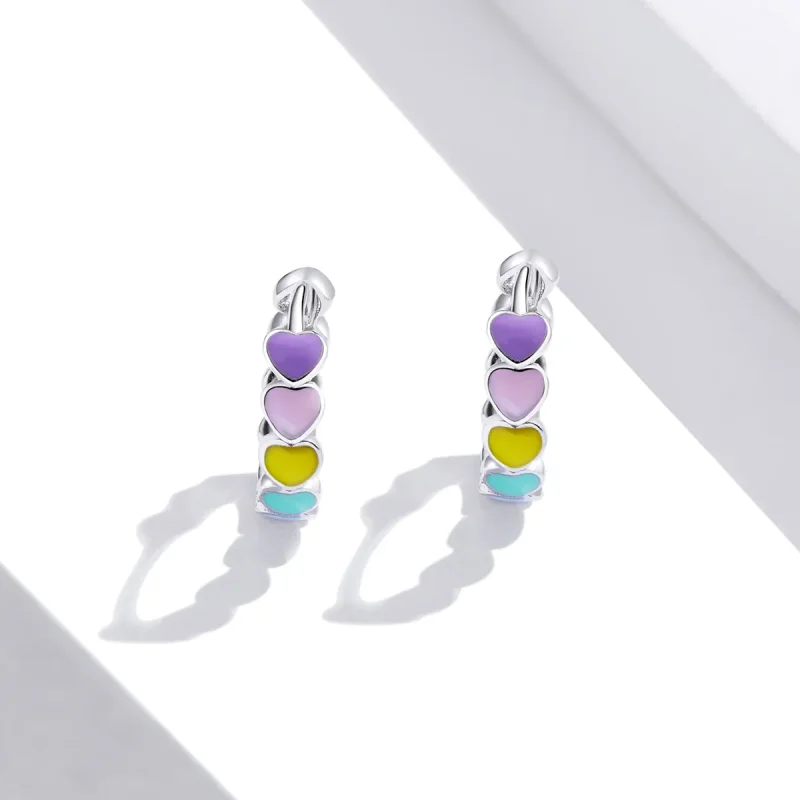 (image for) Pandora Style Silver Hoop Earrings, Rainbow Hearts, Multicolor Enamel - SCE909 - View 4