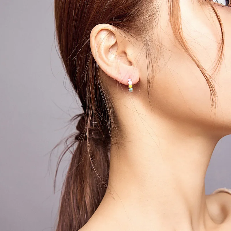 (image for) Pandora Style Silver Hoop Earrings, Rainbow Hearts, Multicolor Enamel - SCE909 - View 5