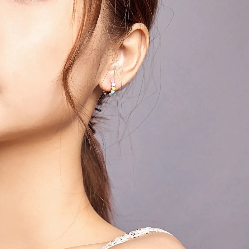 (image for) Pandora Style Silver Hoop Earrings, Rainbow Hearts, Multicolor Enamel - SCE909 - View 7