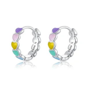 (image for) Pandora Style Silver Hoop Earrings, Rainbow Hearts, Multicolor Enamel - SCE909