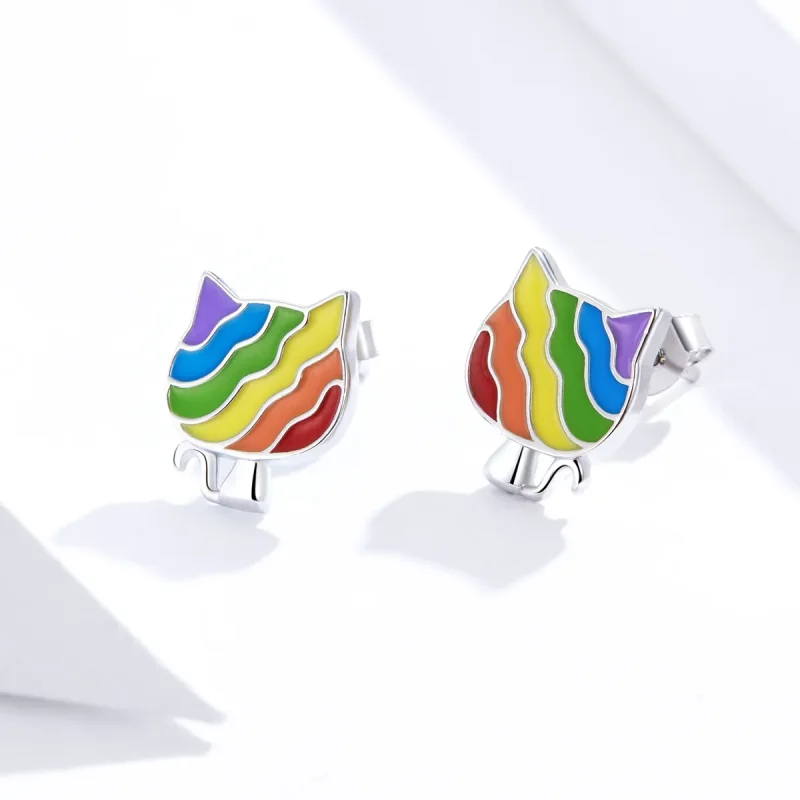 (image for) Pandora Style Silver Hoop Earrings, Rainbow Kitty, Multicolor Enamel - SCE823 - View 3