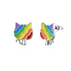 (image for) Pandora Style Silver Hoop Earrings, Rainbow Kitty, Multicolor Enamel - SCE823