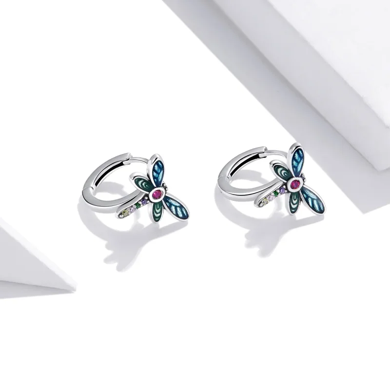 (image for) Pandora Style Silver Hoop Earrings, Retro Dragonfly, Multicolor Enamel - SCE1172 - View 2