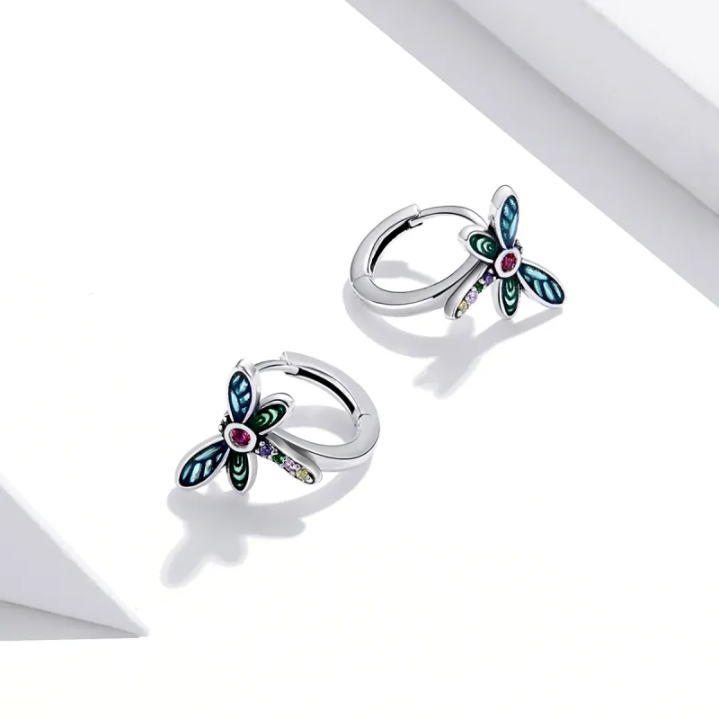 (image for) Pandora Style Silver Hoop Earrings, Retro Dragonfly, Multicolor Enamel - SCE1172 - View 3