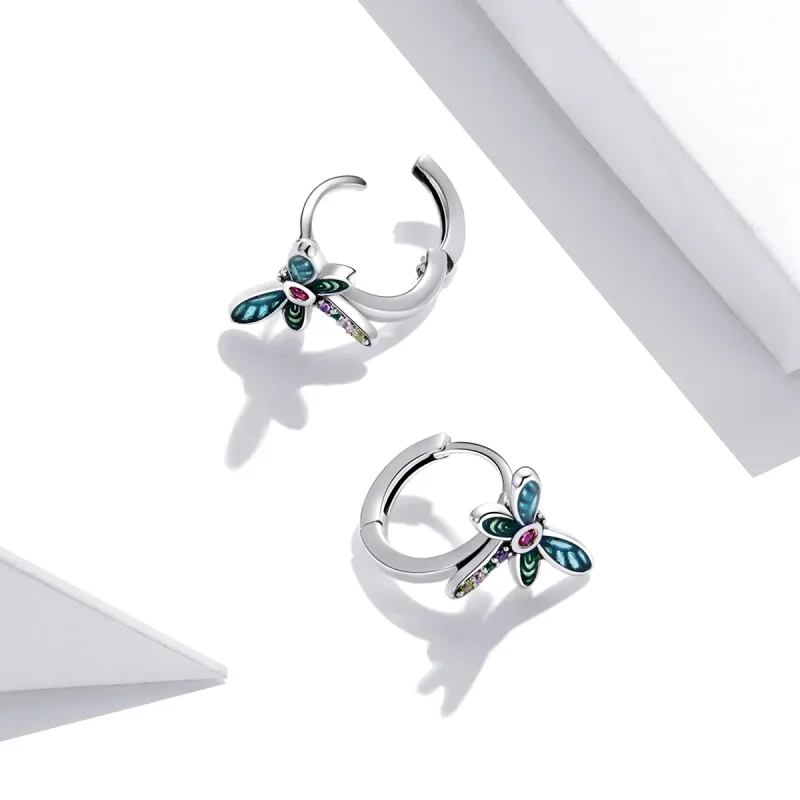 (image for) Pandora Style Silver Hoop Earrings, Retro Dragonfly, Multicolor Enamel - SCE1172 - View 4