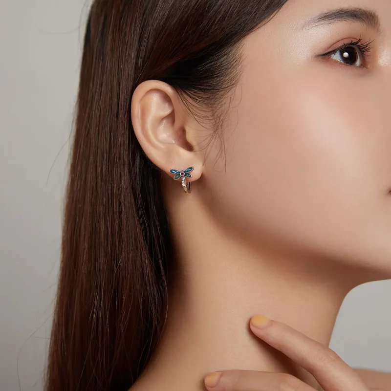 (image for) Pandora Style Silver Hoop Earrings, Retro Dragonfly, Multicolor Enamel - SCE1172 - View 5