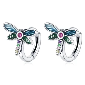 (image for) Pandora Style Silver Hoop Earrings, Retro Dragonfly, Multicolor Enamel - SCE1172