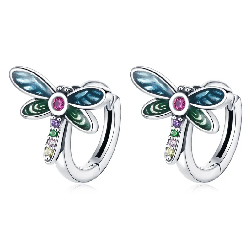 (image for) Pandora Style Silver Hoop Earrings, Retro Dragonfly, Multicolor Enamel - SCE1172 - Product Image