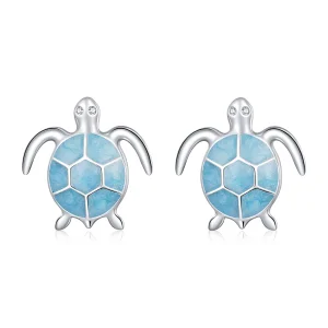 (image for) Pandora Style Silver Hoop Earrings, Sea Turtle, Cyan Enamel - SCE1035