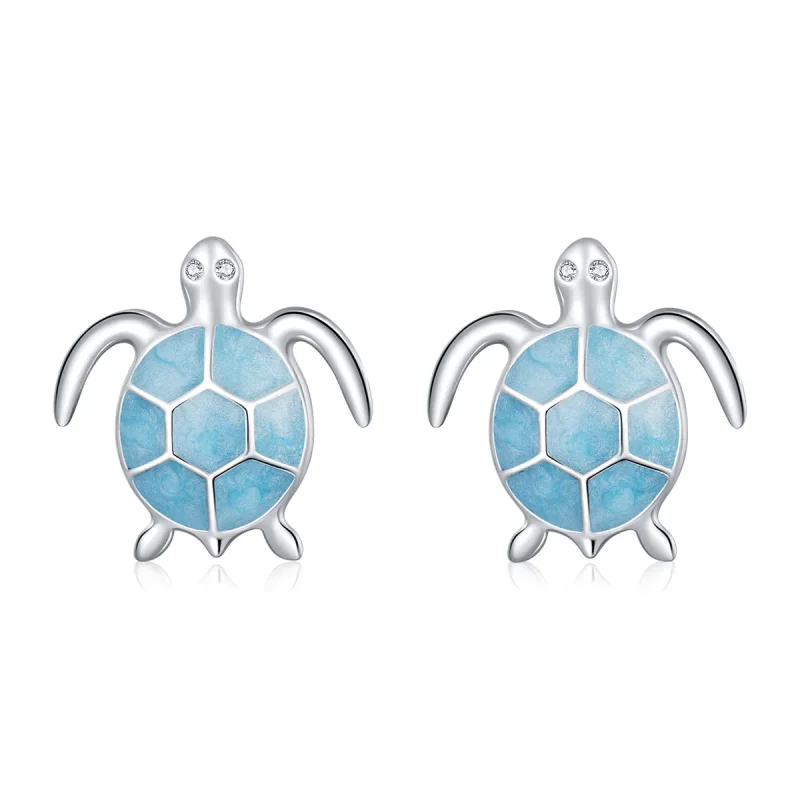 (image for) Pandora Style Silver Hoop Earrings, Sea Turtle, Cyan Enamel - SCE1035 - Product Image