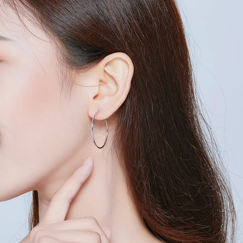 (image for) Pandora Style Silver Hoop Earrings, Simple Line - SCE710 - View 5