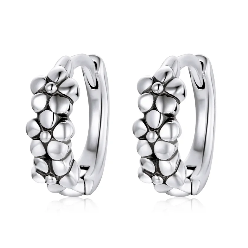 (image for) Pandora Style Silver Hoop Earrings, Simple Silver Flowers - SCE1154 - Product Image