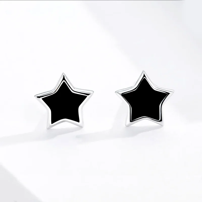 (image for) Pandora Style Silver Hoop Earrings, Stars, Black Enamel - BSE275 - View 2