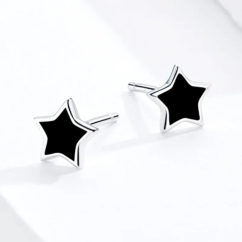 (image for) Pandora Style Silver Hoop Earrings, Stars, Black Enamel - BSE275 - View 3