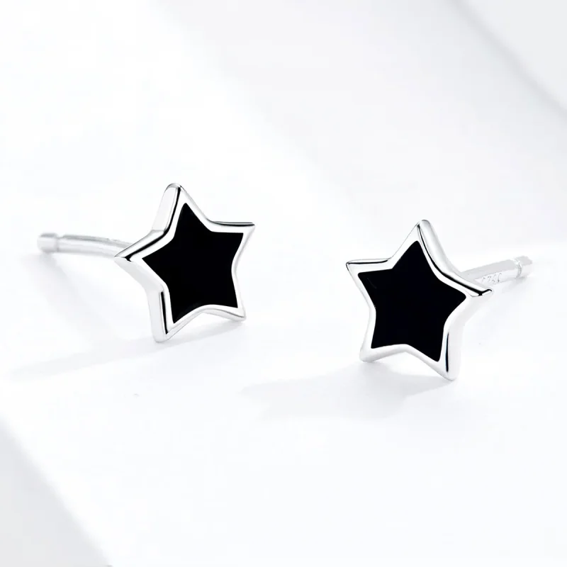 (image for) Pandora Style Silver Hoop Earrings, Stars, Black Enamel - BSE275 - View 4