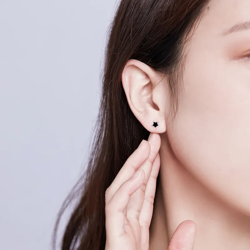 (image for) Pandora Style Silver Hoop Earrings, Stars, Black Enamel - BSE275 - View 5