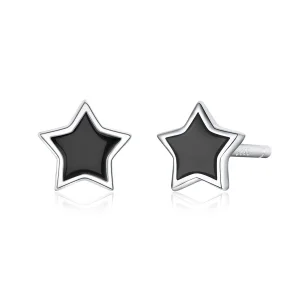 (image for) Pandora Style Silver Hoop Earrings, Stars, Black Enamel - BSE275