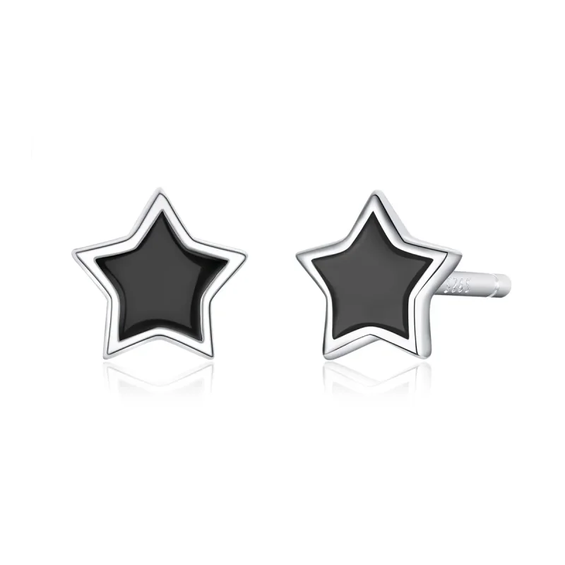 (image for) Pandora Style Silver Hoop Earrings, Stars, Black Enamel - BSE275 - Product Image