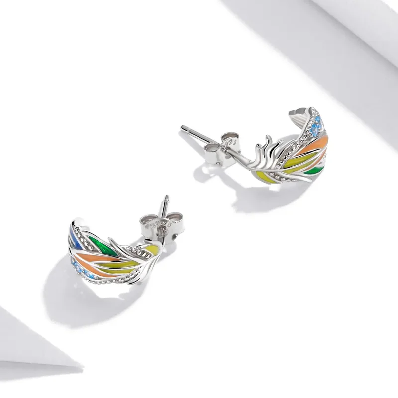 (image for) Pandora Style Silver Hoop Earrings, Style Feathers, Multicolor Enamel - SCE1128 - View 2