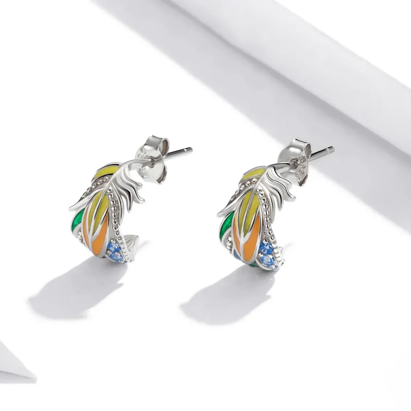 (image for) Pandora Style Silver Hoop Earrings, Style Feathers, Multicolor Enamel - SCE1128 - View 3