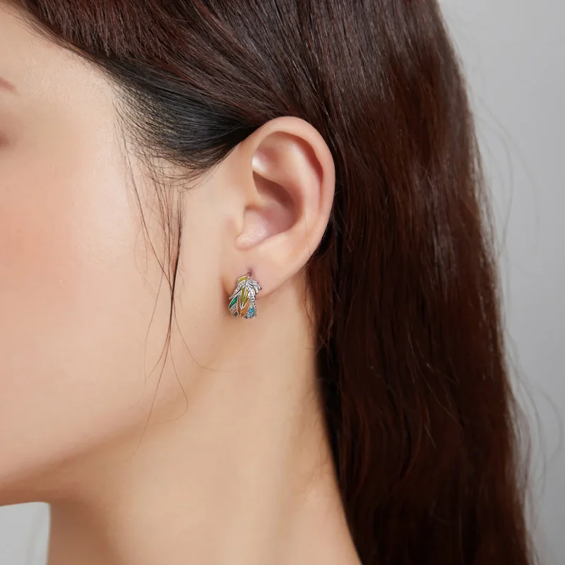 (image for) Pandora Style Silver Hoop Earrings, Style Feathers, Multicolor Enamel - SCE1128 - View 5