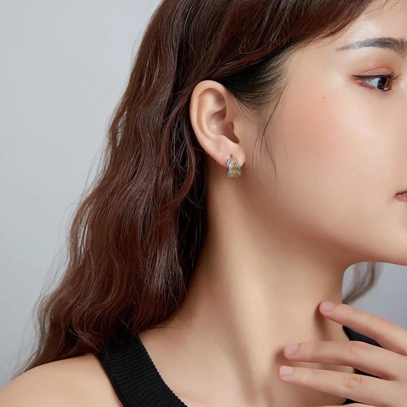 (image for) Pandora Style Silver Hoop Earrings, Style Feathers, Multicolor Enamel - SCE1128 - View 6