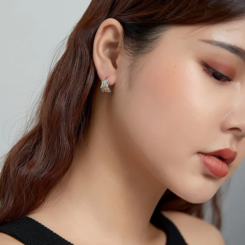 (image for) Pandora Style Silver Hoop Earrings, Style Feathers, Multicolor Enamel - SCE1128 - View 7