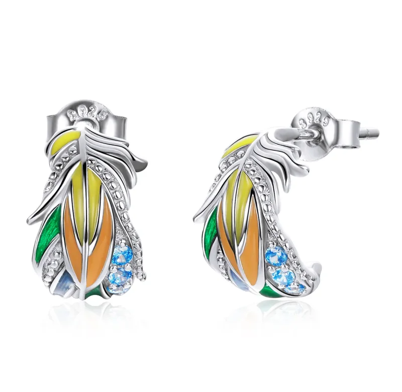 (image for) Pandora Style Silver Hoop Earrings, Style Feathers, Multicolor Enamel - SCE1128 - Product Image