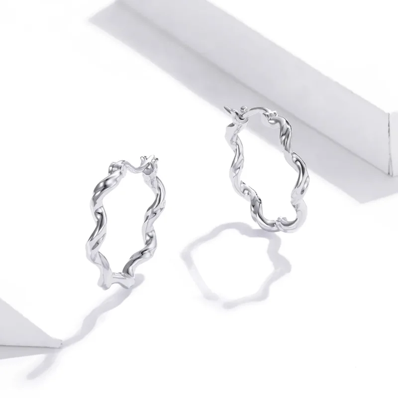 (image for) Pandora Style Silver Hoop Earrings, Wave - SCE976 - View 3