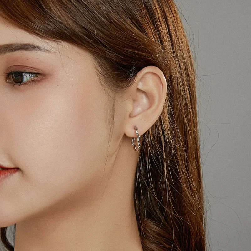 (image for) Pandora Style Silver Hoop Earrings, Wave - SCE976 - View 5