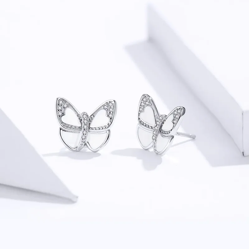 (image for) Pandora Style Silver Hoop Earrings, White Butterfly, Enamel - SCE876 - View 3