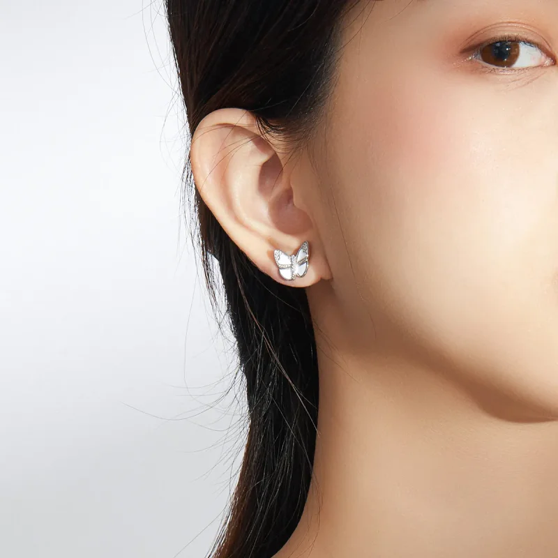 (image for) Pandora Style Silver Hoop Earrings, White Butterfly, Enamel - SCE876 - View 5