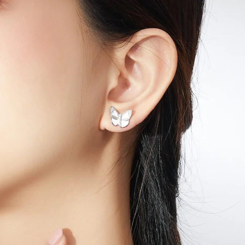 (image for) Pandora Style Silver Hoop Earrings, White Butterfly, Enamel - SCE876 - View 6