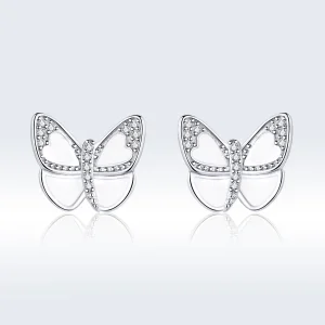 (image for) Pandora Style Silver Hoop Earrings, White Butterfly, Enamel - SCE876