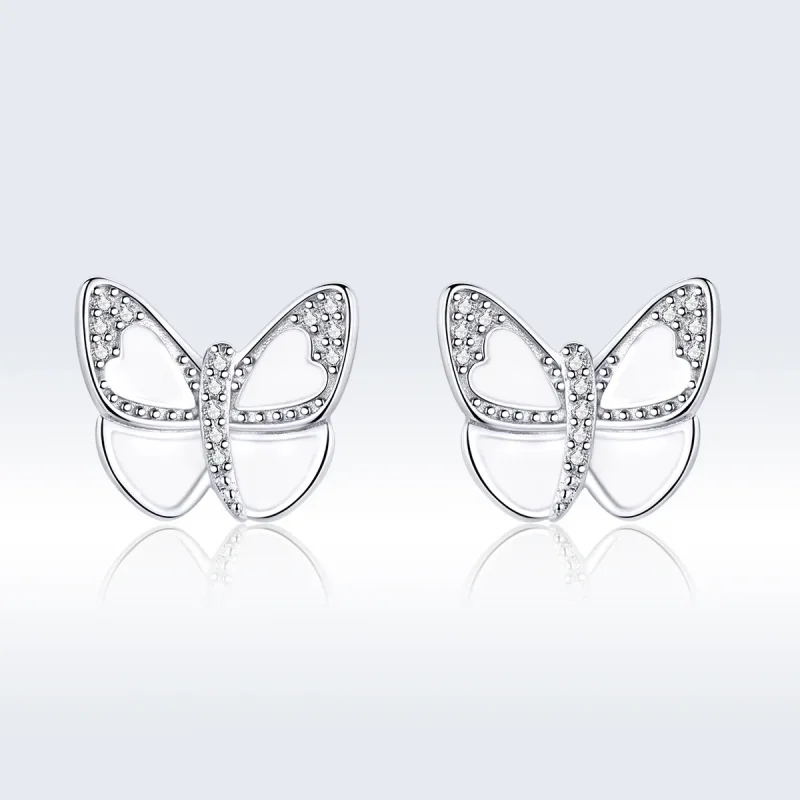 (image for) Pandora Style Silver Hoop Earrings, White Butterfly, Enamel - SCE876 - Product Image