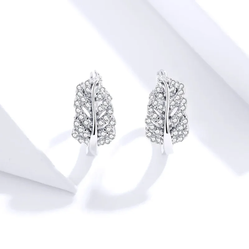 (image for) Pandora Style Silver Hoop Earrings, White Feathers - SCE772 - View 4