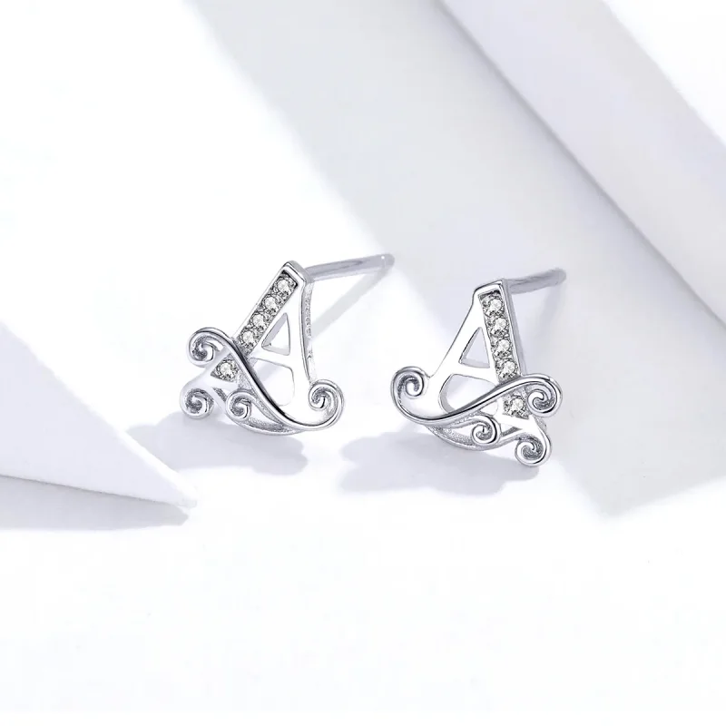 (image for) Pandora Style Silver Stud Earrings, Anti-Allergy Letter A - SCE714 - View 2