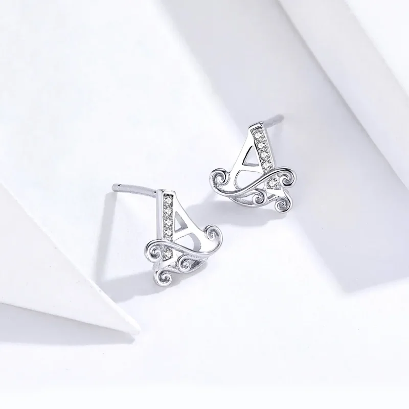 (image for) Pandora Style Silver Stud Earrings, Anti-Allergy Letter A - SCE714 - View 4