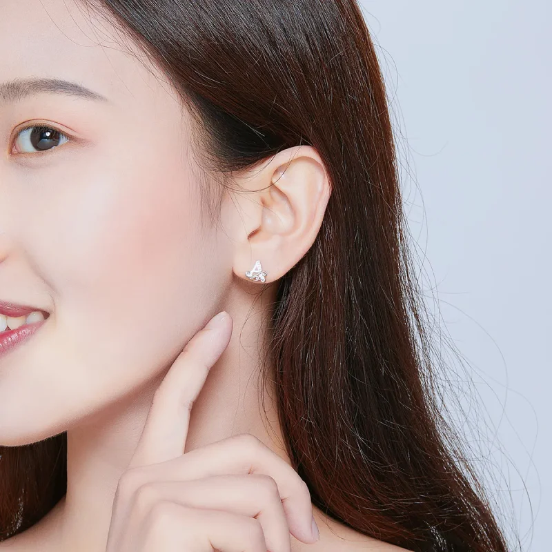 (image for) Pandora Style Silver Stud Earrings, Anti-Allergy Letter A - SCE714 - View 5