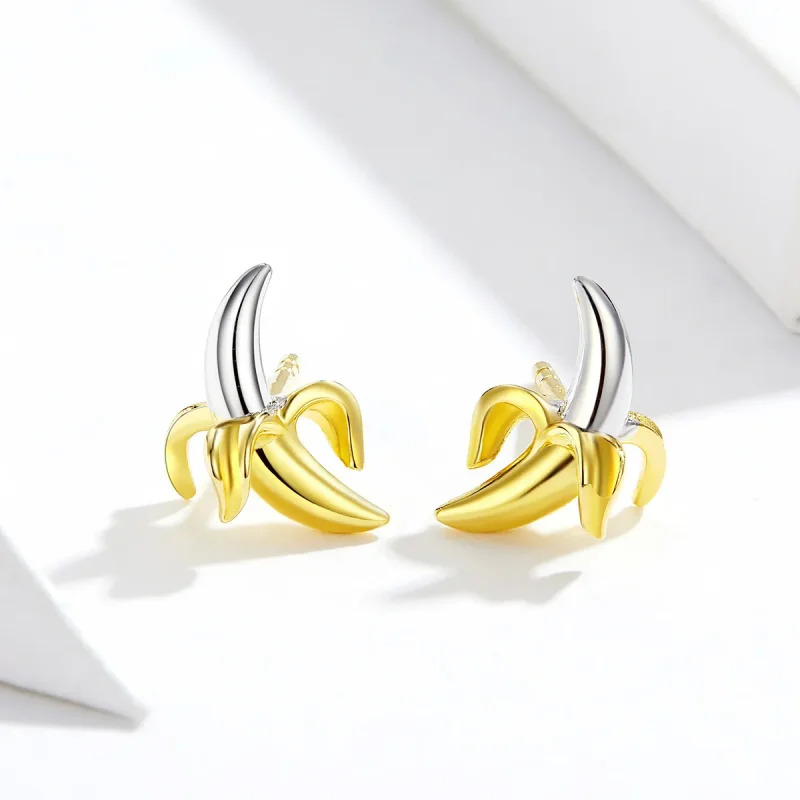 (image for) Pandora Style Silver Stud Earrings, Bicolor Cute Playful Banana - SCE731 - View 2