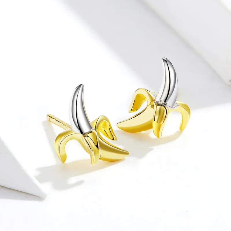 (image for) Pandora Style Silver Stud Earrings, Bicolor Cute Playful Banana - SCE731 - View 4