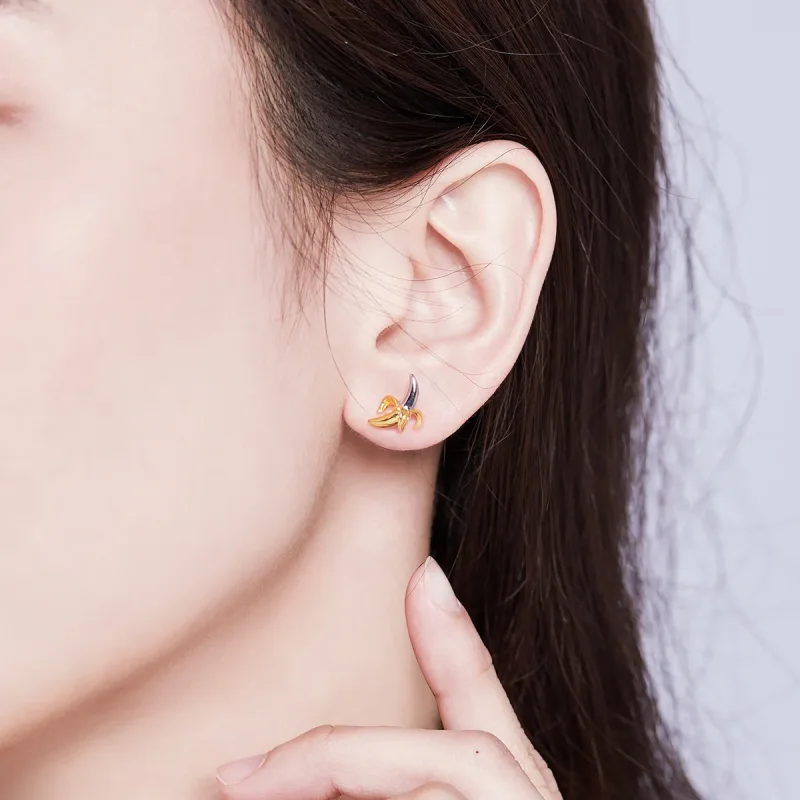 (image for) Pandora Style Silver Stud Earrings, Bicolor Cute Playful Banana - SCE731 - View 5