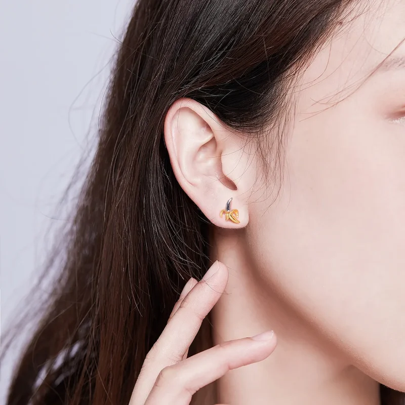 (image for) Pandora Style Silver Stud Earrings, Bicolor Cute Playful Banana - SCE731 - View 7