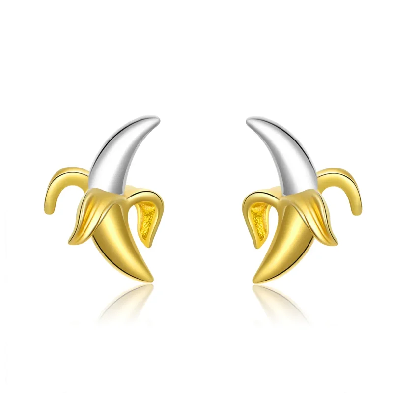 (image for) Pandora Style Silver Stud Earrings, Bicolor Cute Playful Banana - SCE731 - Product Image