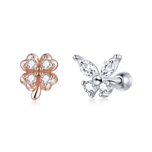 (image for) Pandora Style Silver Stud Earrings, Bicolor Lucky Grass and Butterflies - SCE1008