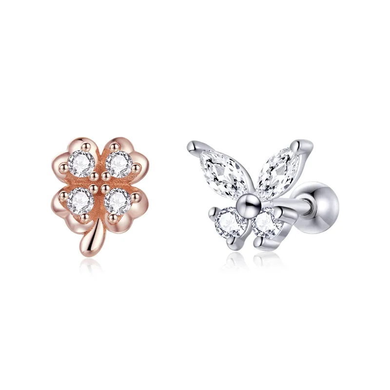 (image for) Pandora Style Silver Stud Earrings, Bicolor Lucky Grass and Butterflies - SCE1008 - Product Image